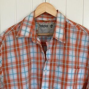 Timberland Mens Shirt XL Short Sleeve Cotton Button Front Orange Plaid‎